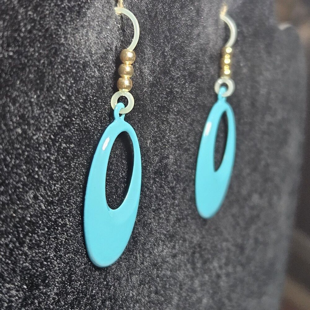 Blue Enamel Metal Dangling Ovals With Gold Bead Accent Earrings - Picture 6 of 11